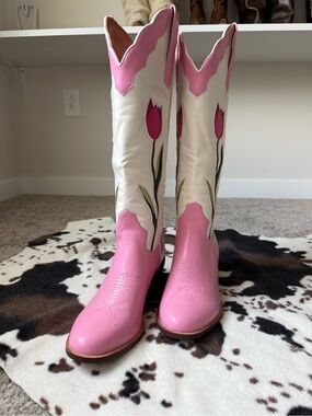 Pink and Ivory Tulip Western Knee-High Boots
